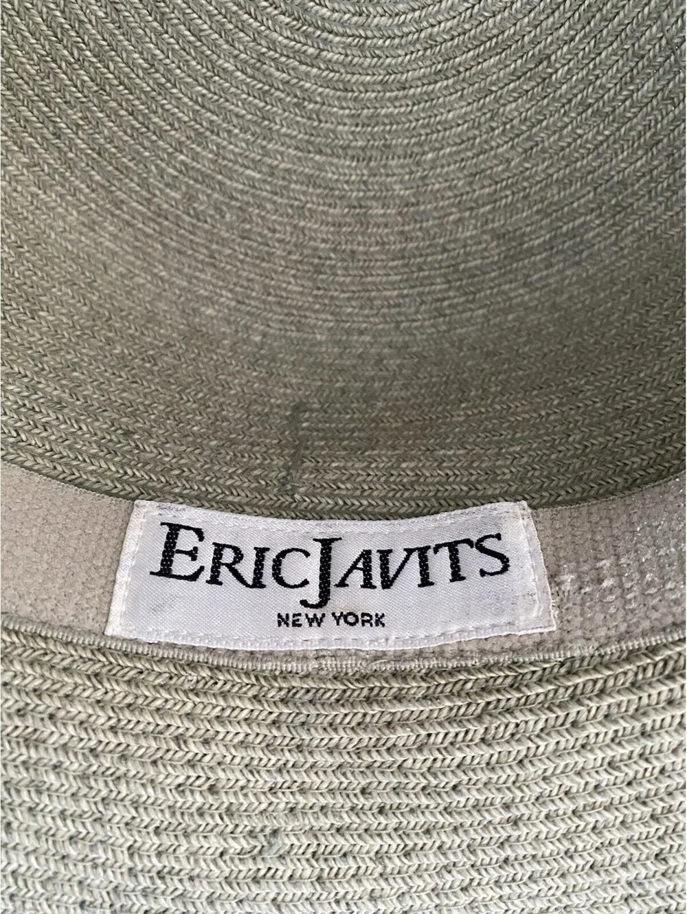 ERIC JAVITS Beige Natural Straw Wide Brim Fedora Floppy Sun Hat Blue Wide Bow